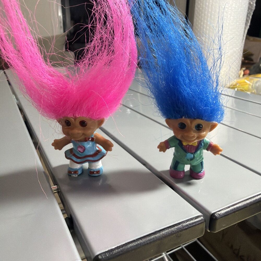 LOT of 2 VINTAGE trolls TT Treasures Pink Blue Hair Ace Jewel in Tummy